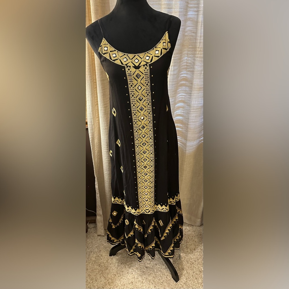 Pranella Boho Black and Gold Embroidered Dress Resort Wear